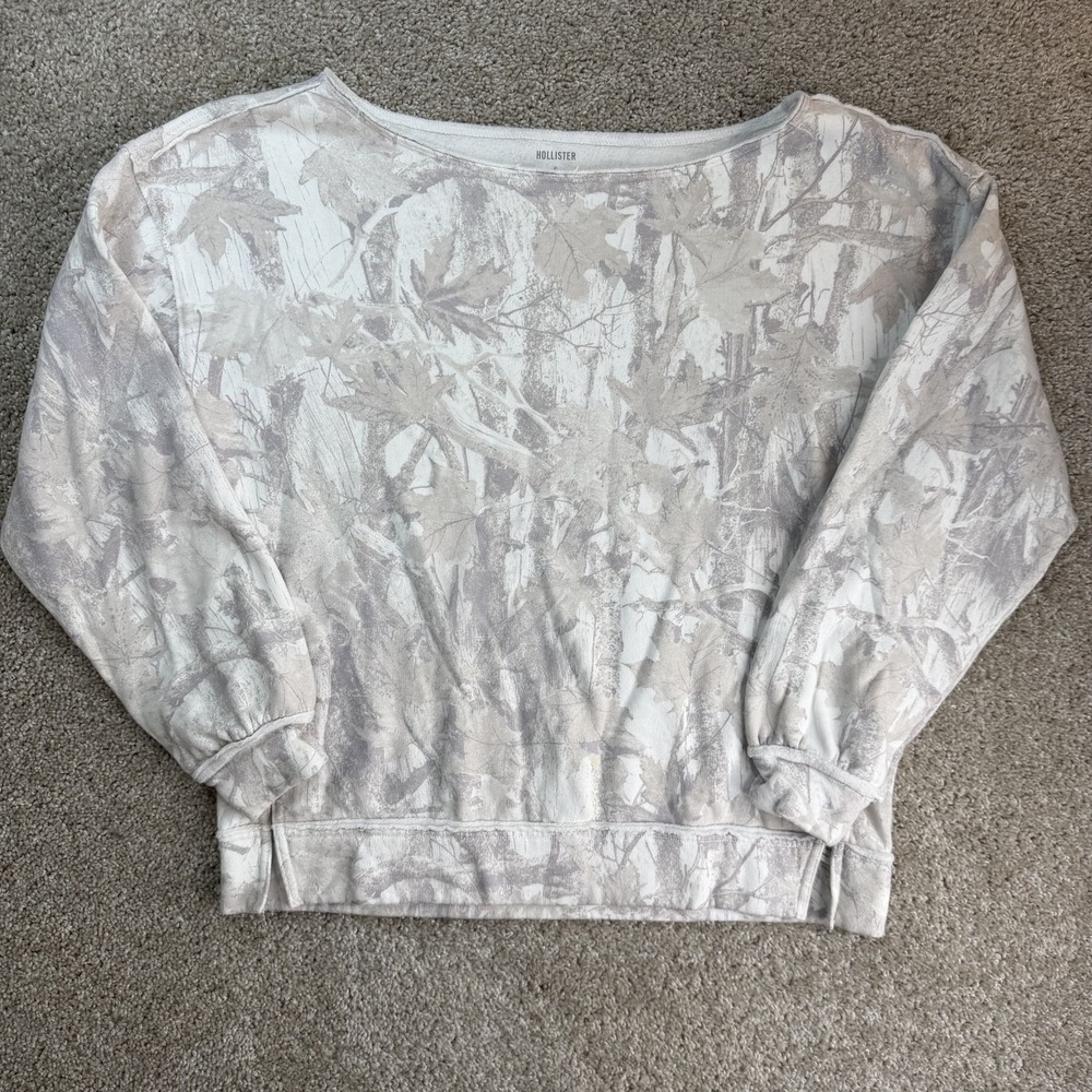 Hollister Sweatshirt Womens Small Beige Fleece Camo Scoop Neck Relaxed Pullover